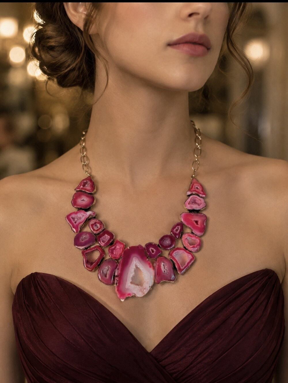 Pink Druzy Geode Slice Agate Statement Bib Necklace 925 Sterling Silver